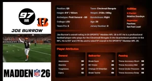 Joe Burrow Player Ratings Madden 26
