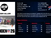 Josh Allen Player Ratings: Madden NFL 26 Passing Game Master Guide Josh Allen's player ratings card showing his 99 overall rating in Madden NFL 26.