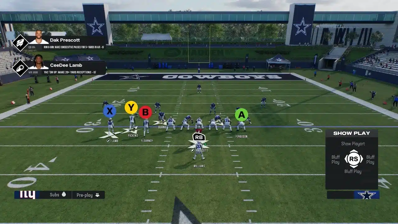 Madden NFL 26 Pistol Bunch TE 2 CeeDee Lamb, George Pickens, and Ryan Flournoy stacked in the bunch in Pistol Bunch TE